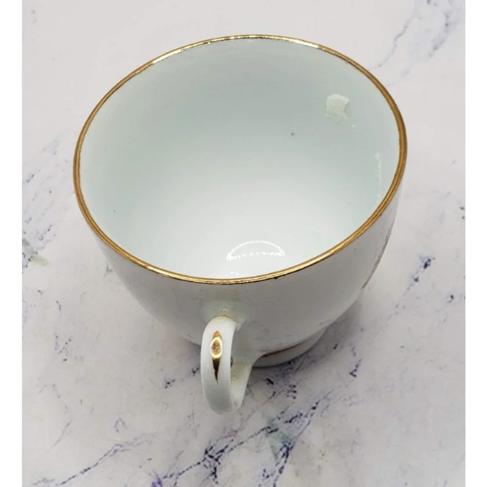 Vintage Porcelain Tea Cup and Saucer White w/Gold Trim and Dancing Couple